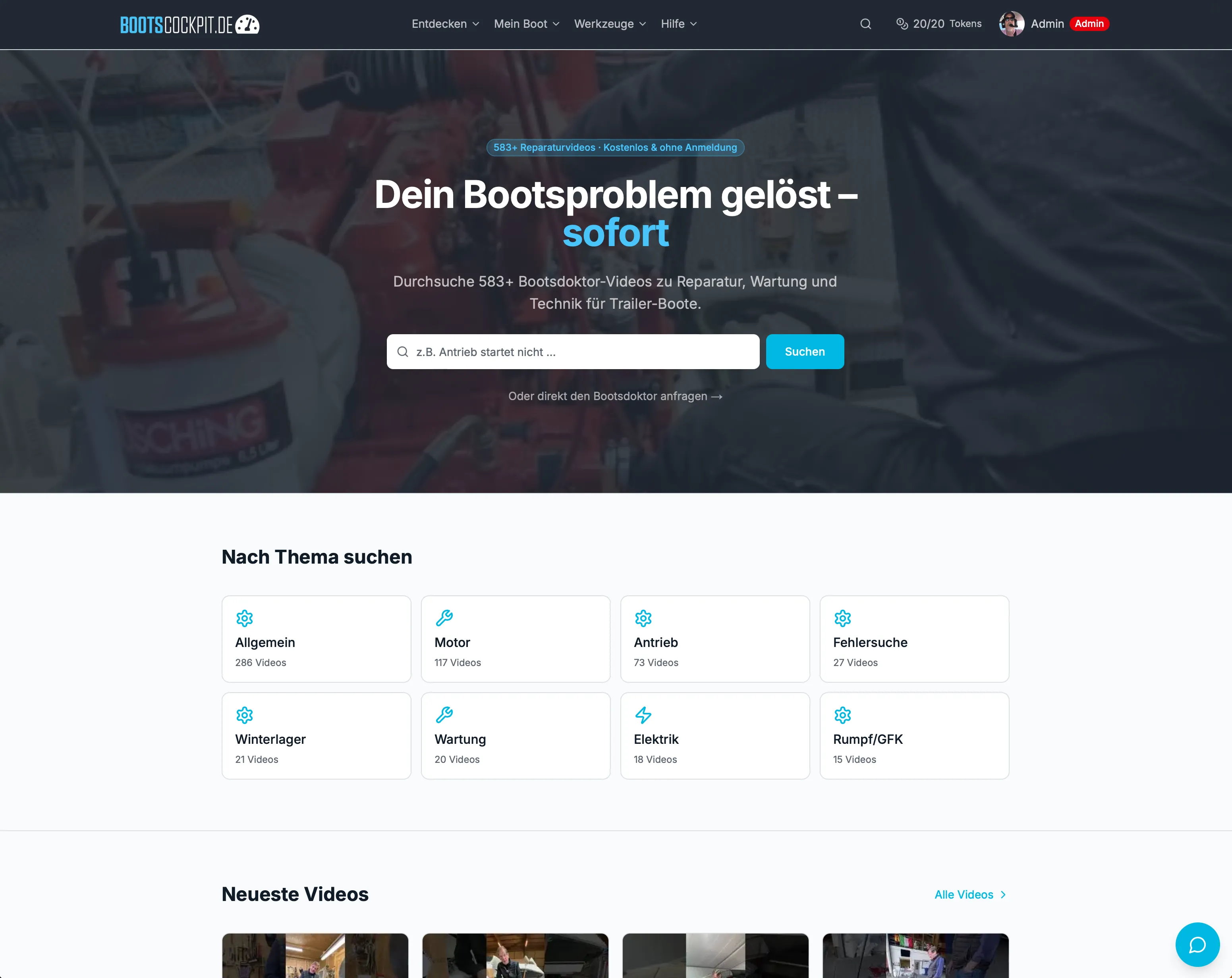 Bootscockpit — KI-gestütztes Wissensportal für Bootsbesitzer — 2.200+ Videos per Volltextsuche durchsuchbar.