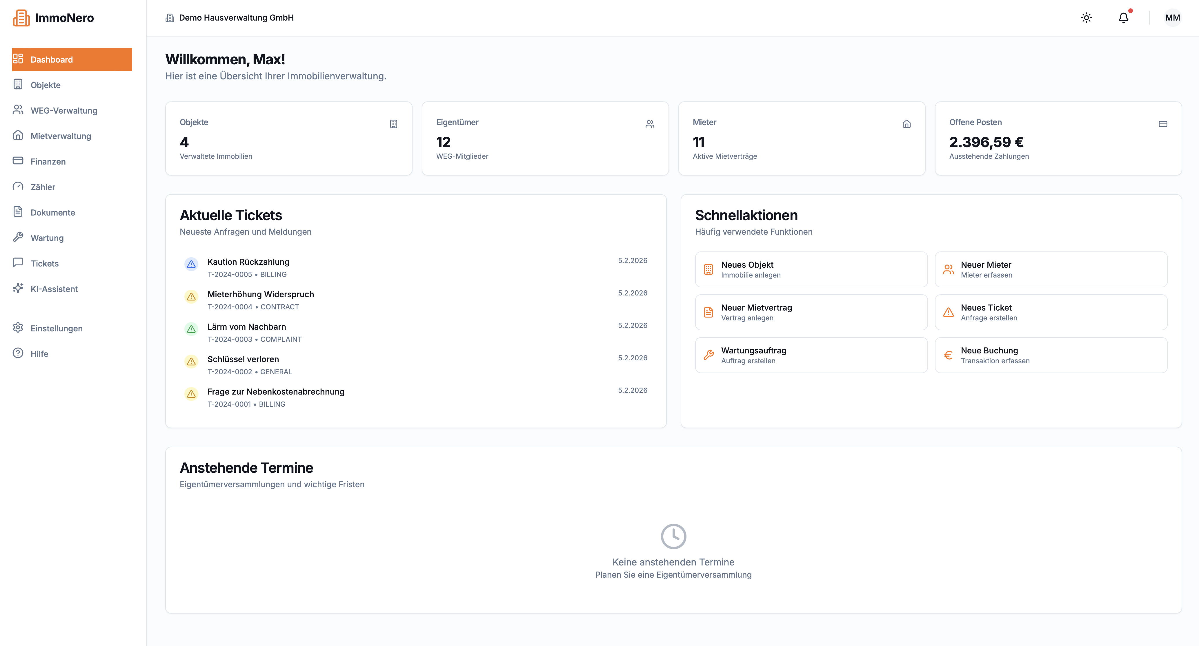 ImmoNero Hausverwaltungssoftware Dashboard