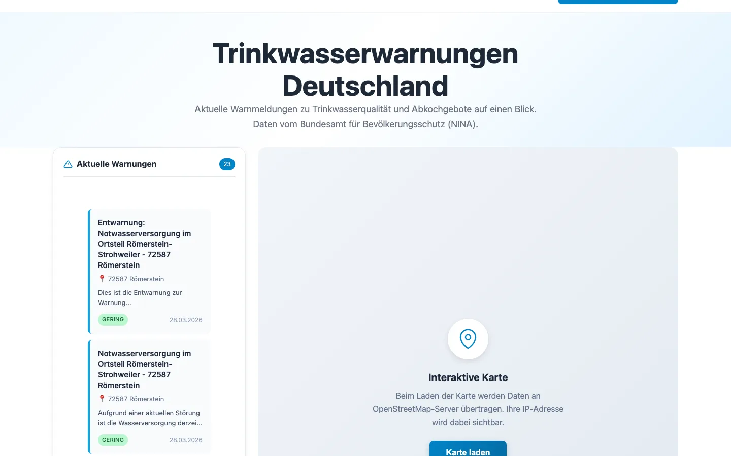 Live-Übersicht der Trinkwasserwarnungen mit Karte