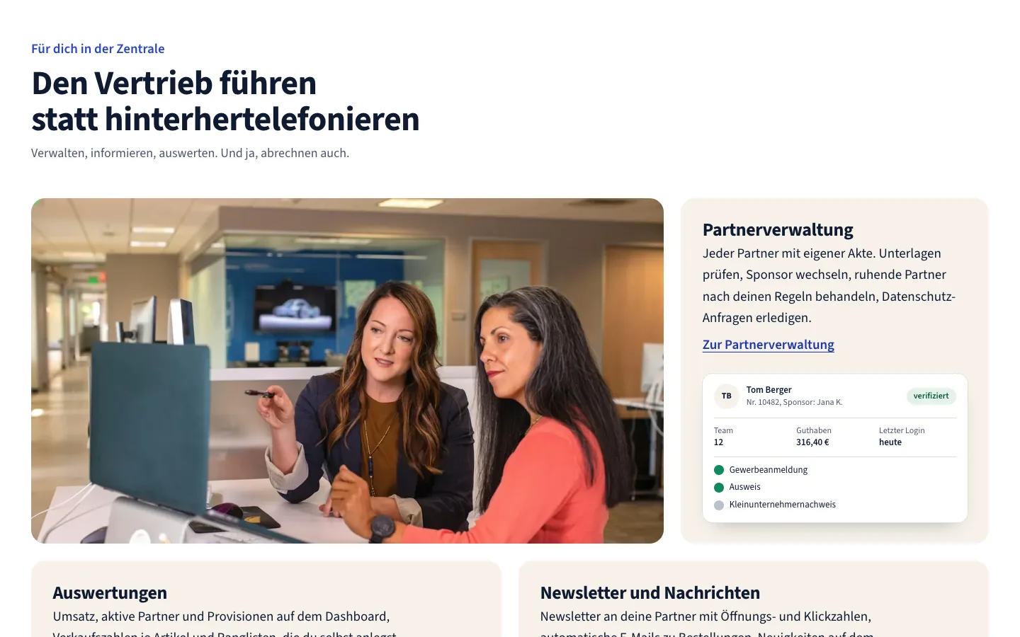 SalesAdminPro Zentrale mit Partnerverwaltung, Verifizierung, Auswertungen und Newsletter