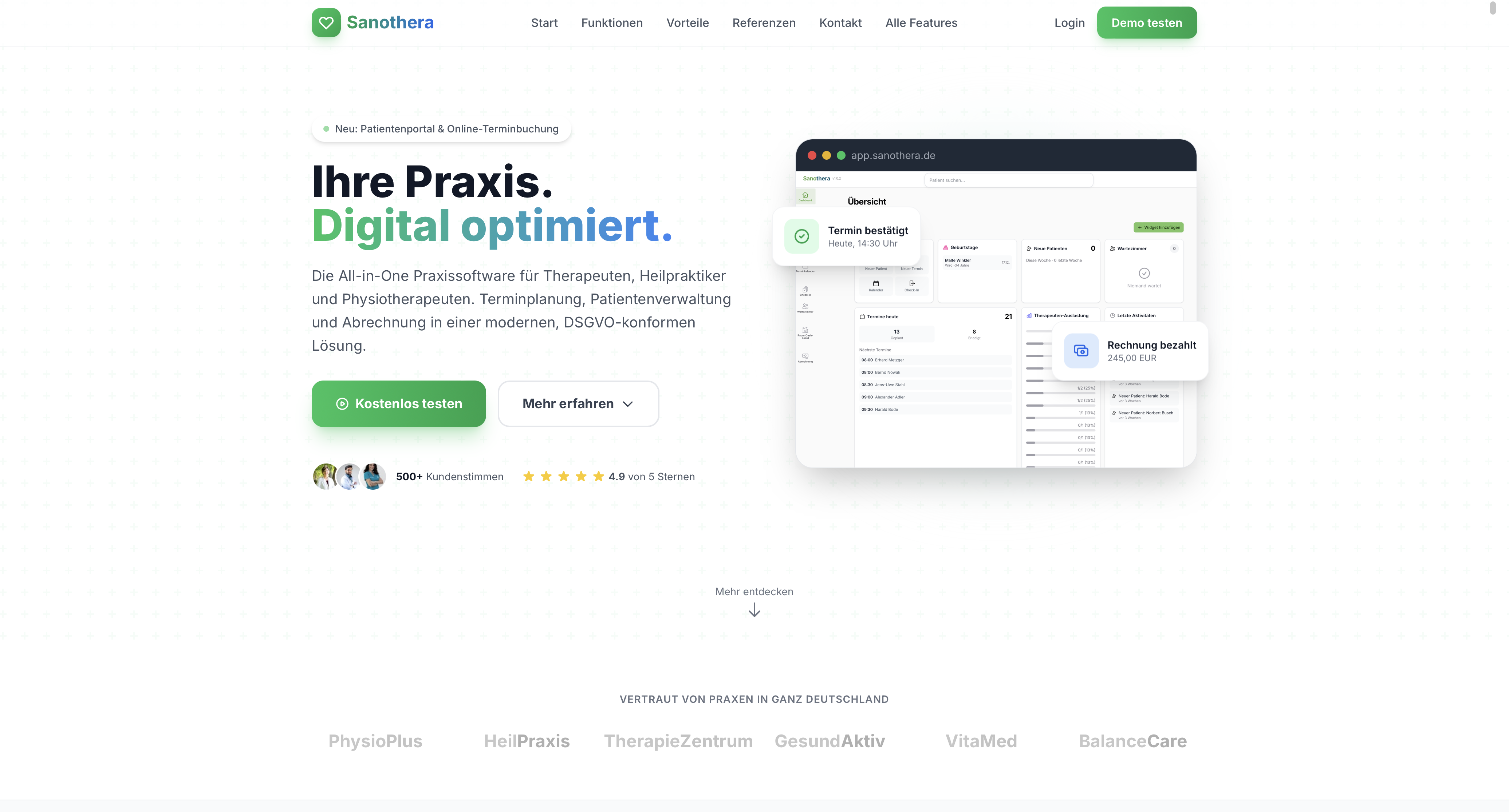 Sanothera Praxissoftware — Cloud-Dashboard für Therapeuten