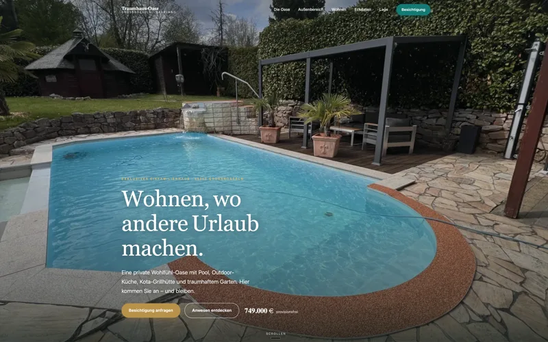 Traumhaus-Oase — Emotionale Verkaufs-Website für ein exklusives Einfamilienhaus.